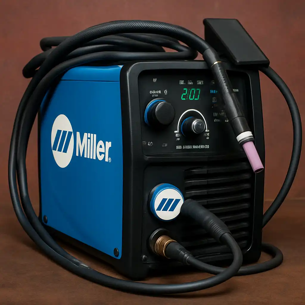 A Miller TIG welder positioned in a bright, professional welding workshop.