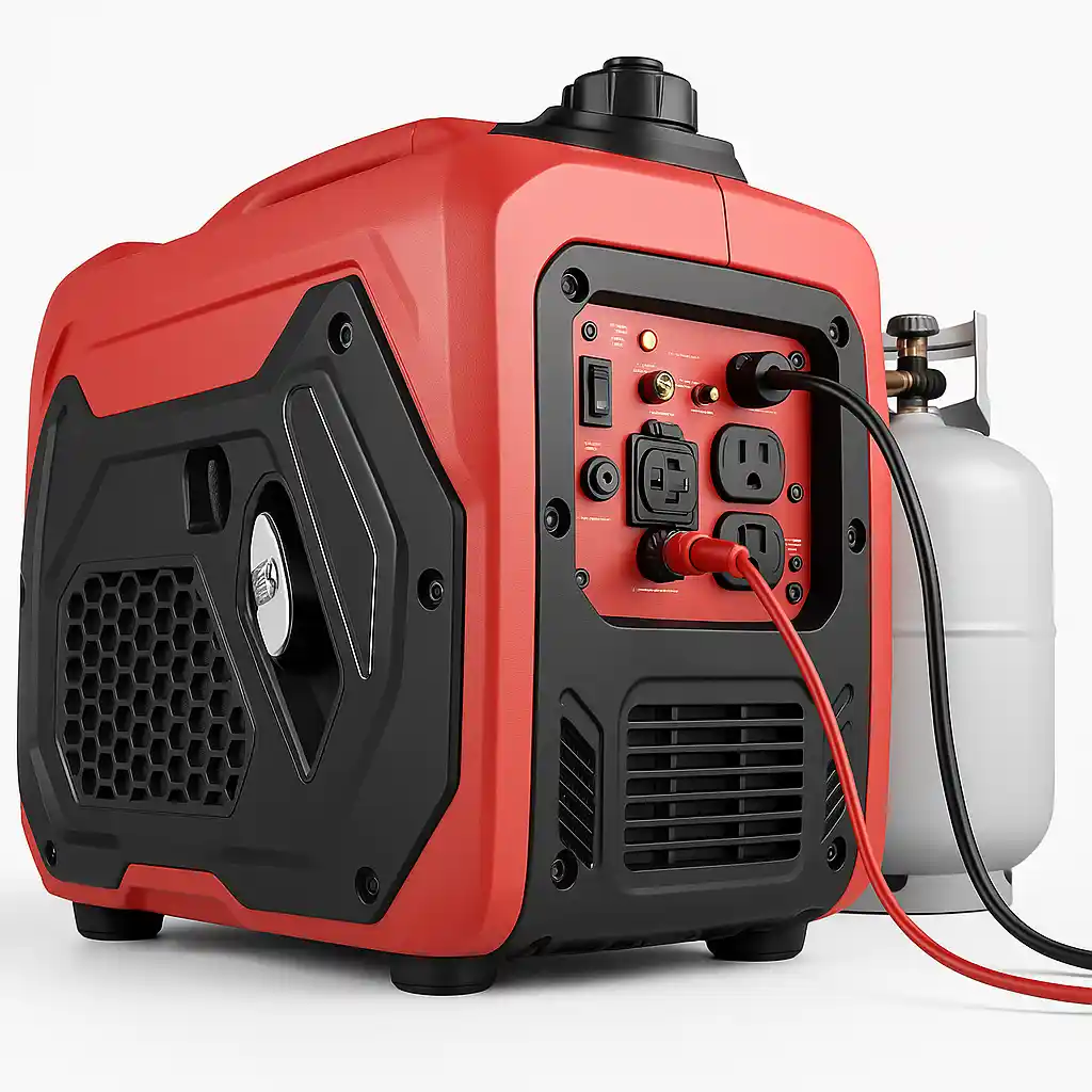A high-resolution image of a compact red and black portable inverter generator connected to a propane tank, designed for outdoor or home use.