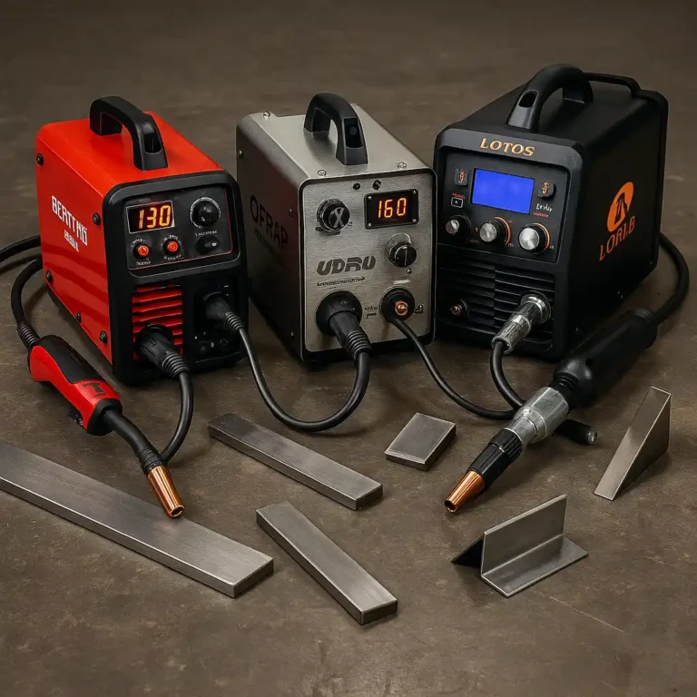 Three high-performance MIG welding machines are placed on a workbench, surrounded by various stainless steel pieces ready for welding, in a professional workshop setting.