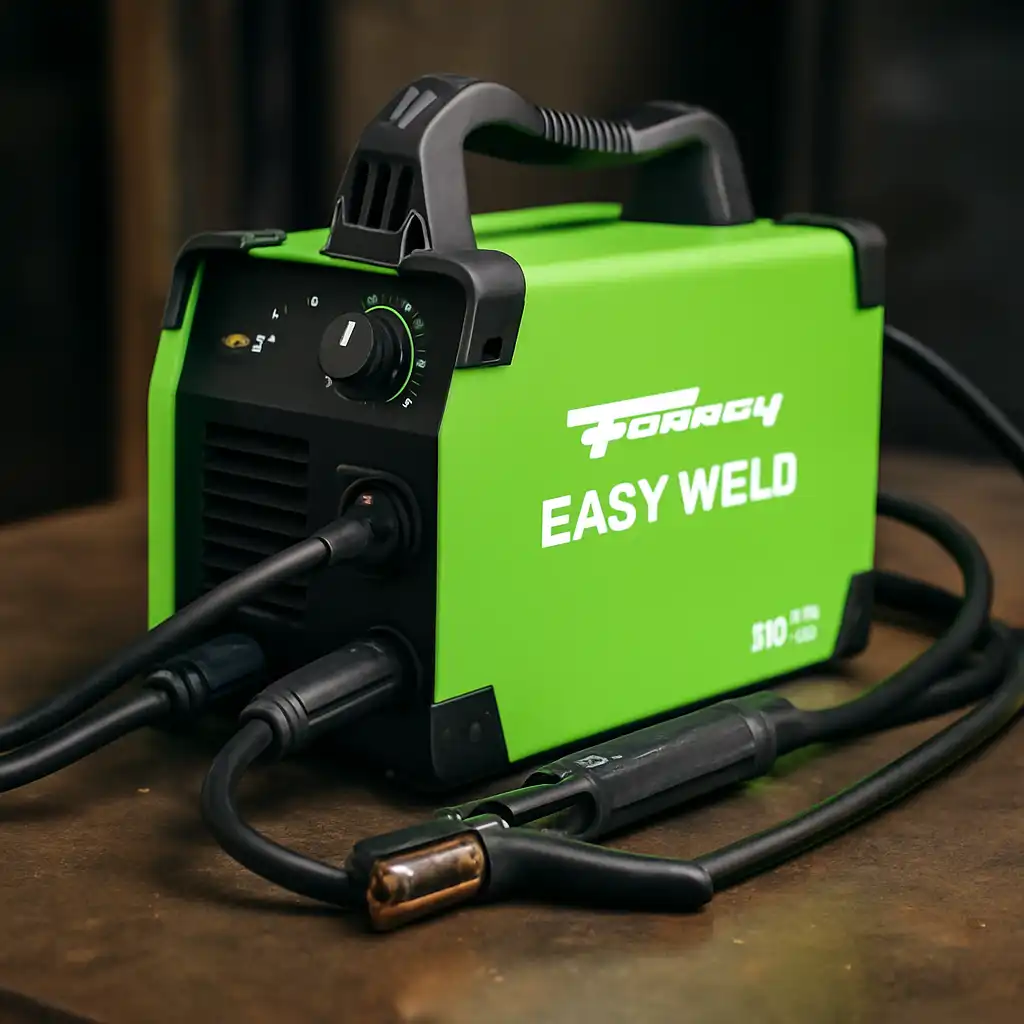 A Forney Easy Weld 100 ST welder set up on a metal workbench with tools nearby in a well-lit workshop.