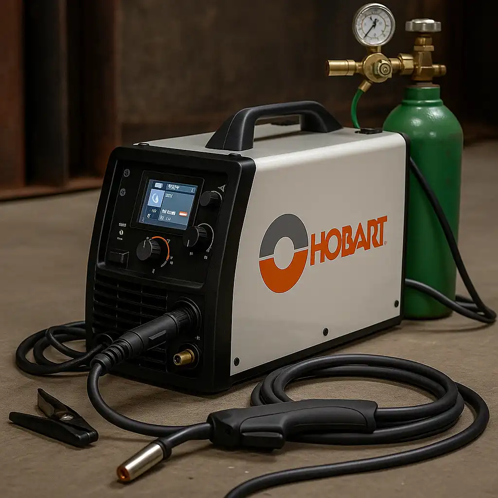 A digital photograph showcases a Hobart Multi-Handler 200 welder set up in a workshop.