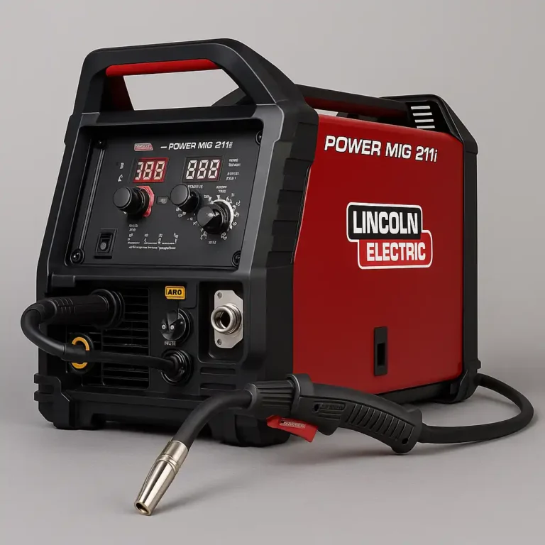 A high-resolution photograph of a Lincoln Power MIG 211i MIG welder showing its front controls and welding gun.