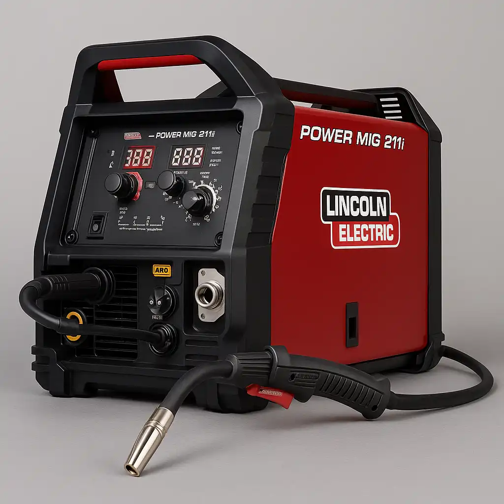 A high-resolution photograph of a Lincoln Power MIG 211i MIG welder showing its front controls and welding gun.