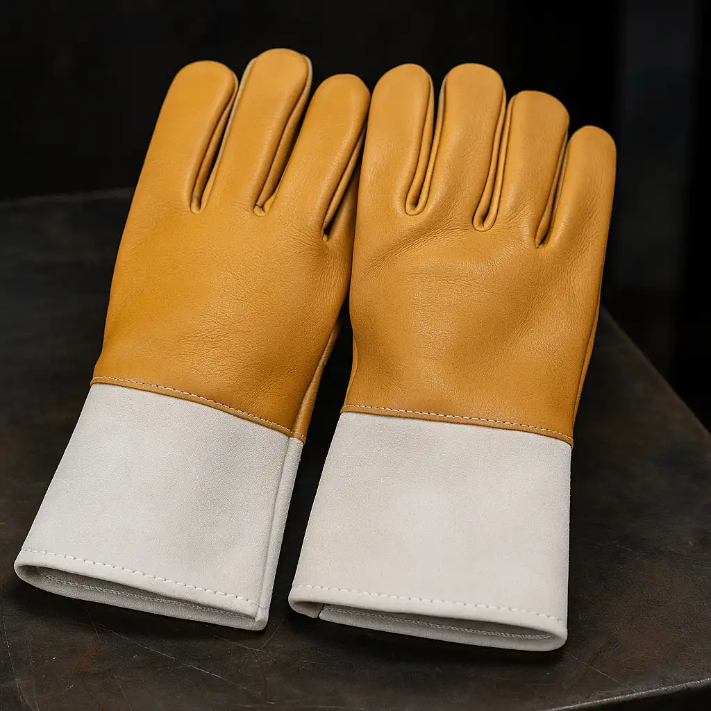 A pair of TIG welding gloves made of soft goatskin leather, placed neatly on a workshop table.