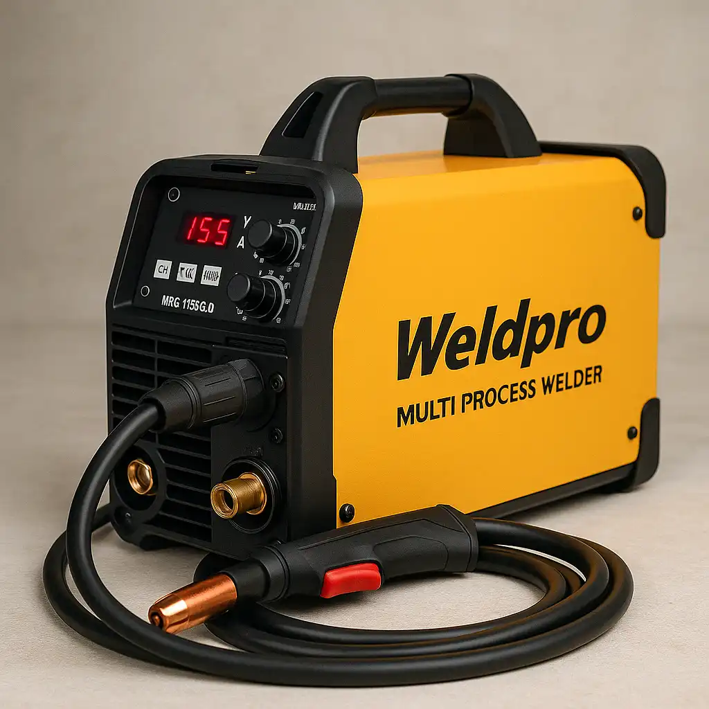 A digital photograph showcases a Weldpro MIG155GD welder in a workshop setting, emphasizing its compact design and dual-voltage capability.