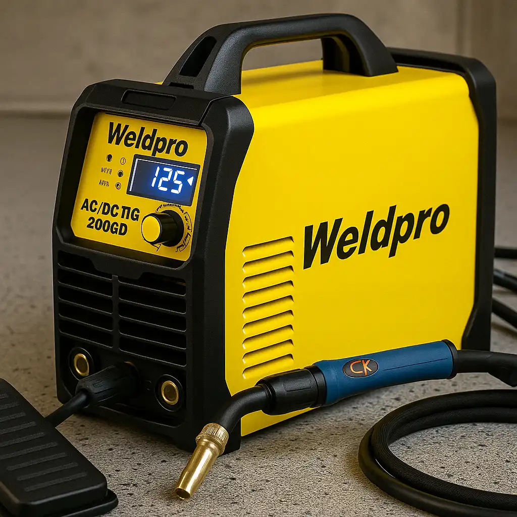 A close-up view of a Weldpro 200GD AC/DC TIG welding machine on a workshop bench, highlighting its digital display and sturdy construction.