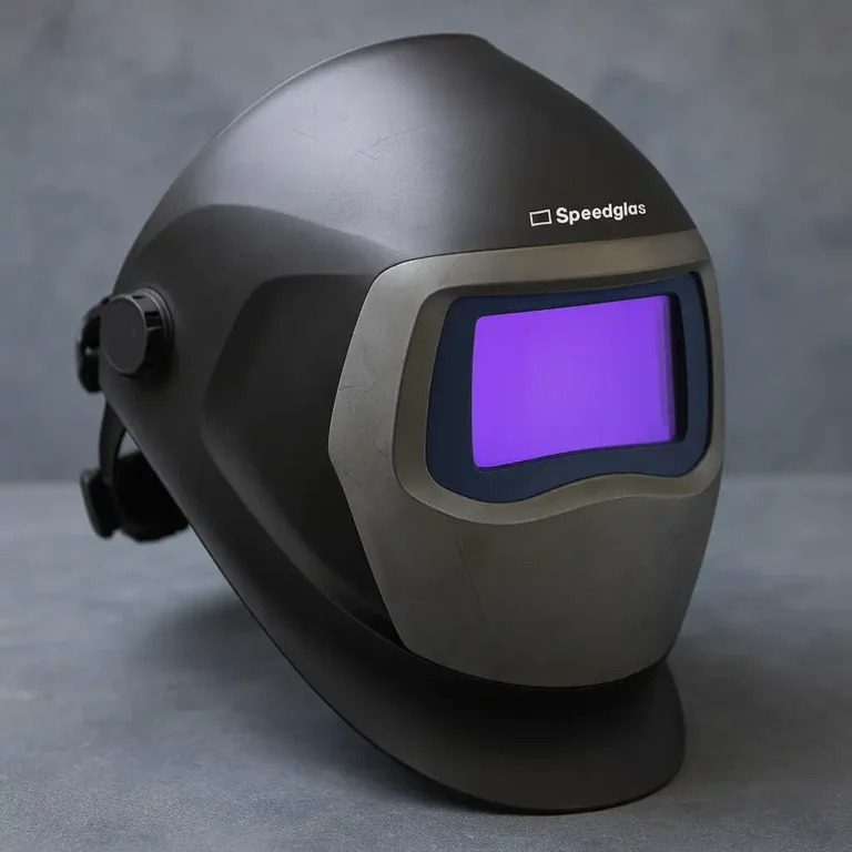 A close-up, three-quarter view of a sleek black 3M Speedglas welding helmet resting on a metal workbench, with welding tools and blurred workshop elements in the background.