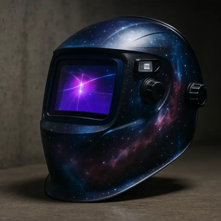 A close-up of a welding helmet with a panoramic viewing screen and four arc sensors, resting on a metal workbench with scattered tools in the background.