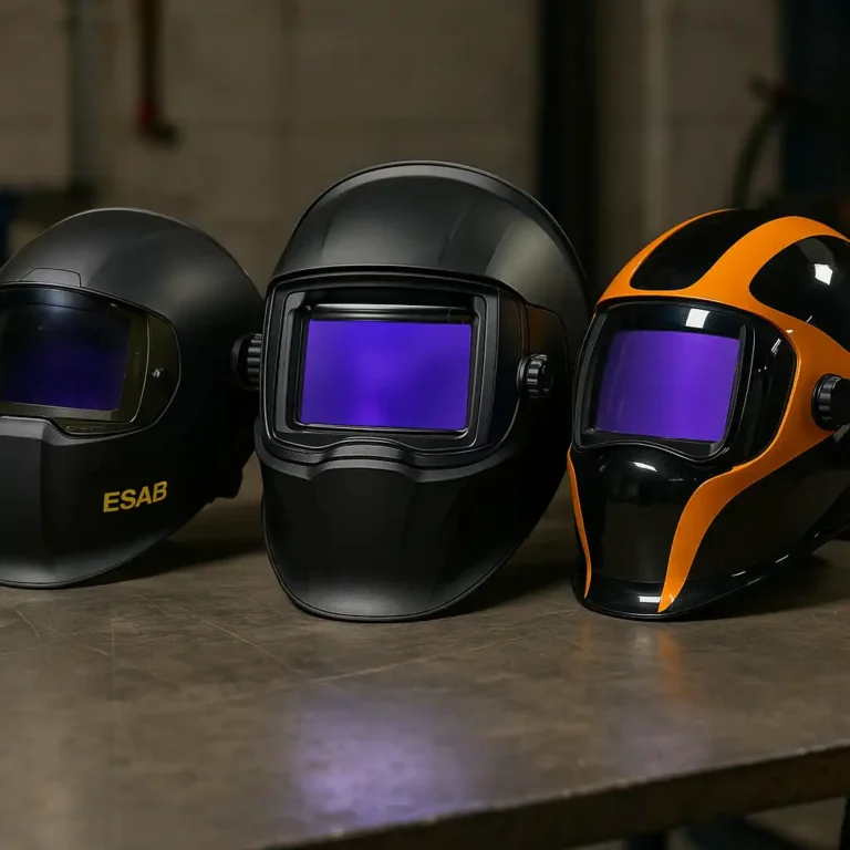 A digital photograph displays three panoramic welding helmets with sleek designs, arranged side by side on a workbench in a well-lit workshop.