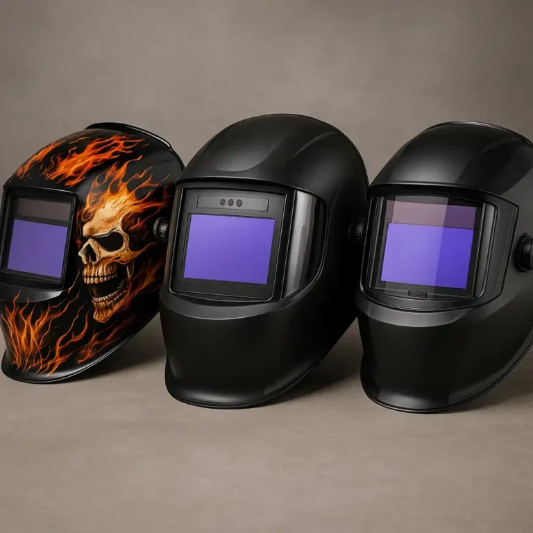 Three auto-darkening welding helmets lined up on a neutral background, including one with a flaming skull design and two matte black models with purple-tinted lenses.