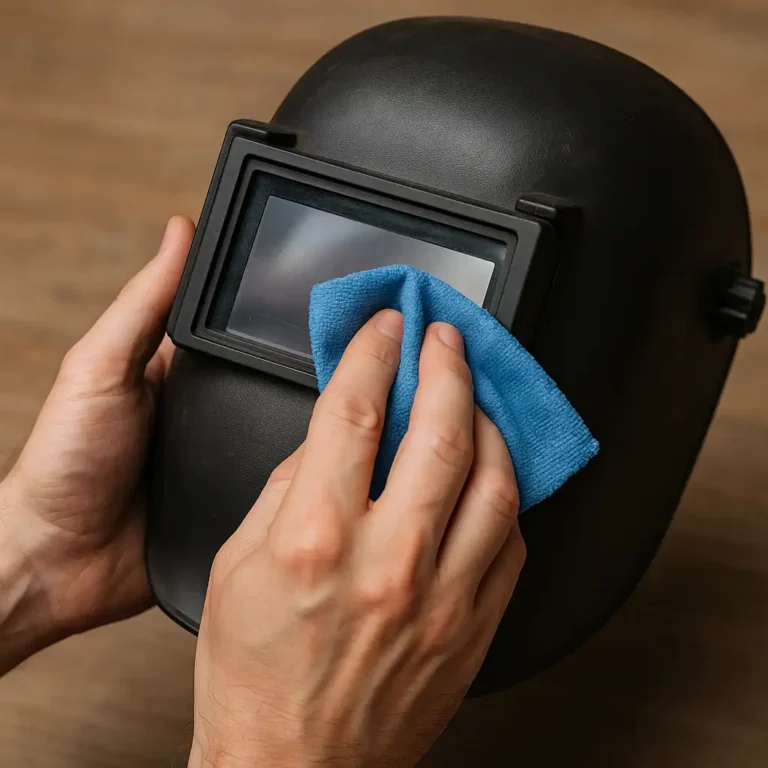 A person cleaning the clear, rectangular lens of a black welding helmet with a blue microfiber cloth, set against a wooden surface background.