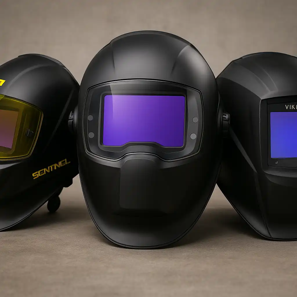 Three welding helmets side by side on a neutral surface, including the Sentinel with a yellow-tinted lens, the ANDELI with a wide panoramic view, and the Lincoln Viking with a rectangular true-color lens.