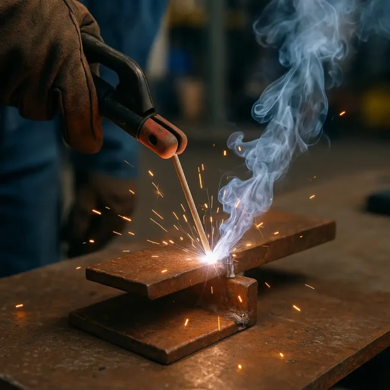 A close-up of a stick welder's gloved hand holding an electrode holder as it creates a tack weld between two rusted steel plates, with sparks flying and smoke rising in a dimly lit workshop.