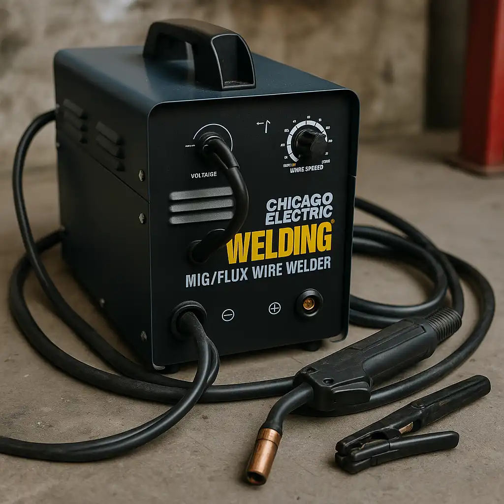 A photograph features a Chicago Electric 170 MIG welder on a metal workbench in a garage workshop.