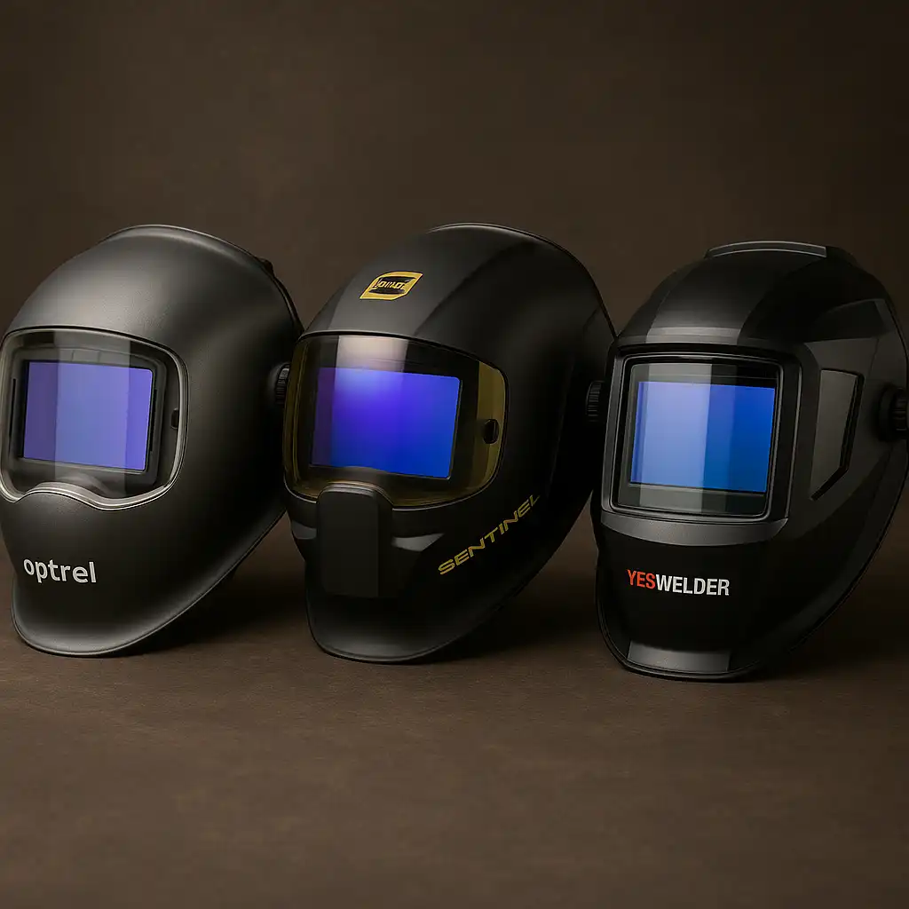 Three auto-darkening welding helmets side by side on a dark background, featuring the matte gray Optrel with a wide lens, the sleek black ESAB Sentinel A50 with amber accents, and the YESWELDER helmet with a bold blue lens and red logo.