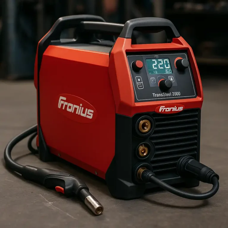 A Fronius TransSteel 2200 multiprocess welder sits on a concrete workshop floor, with a sleek red and black design, digital display panel, and connected MIG torch, surrounded by blurred industrial tools in the background.