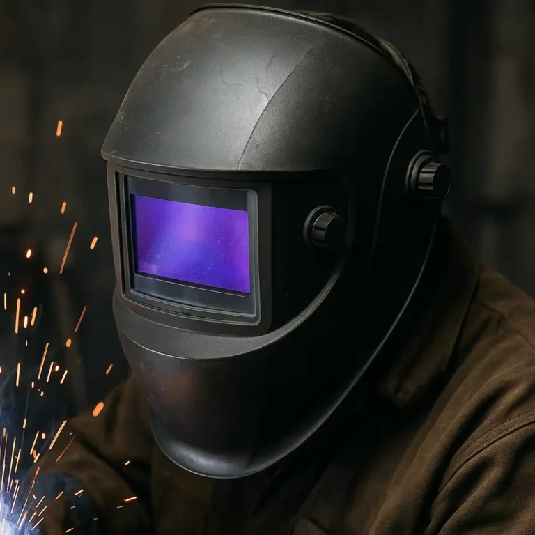 A close-up of an auto-darkening welding helmet showing the lens and sensor area, highlighting its advanced protective technology.