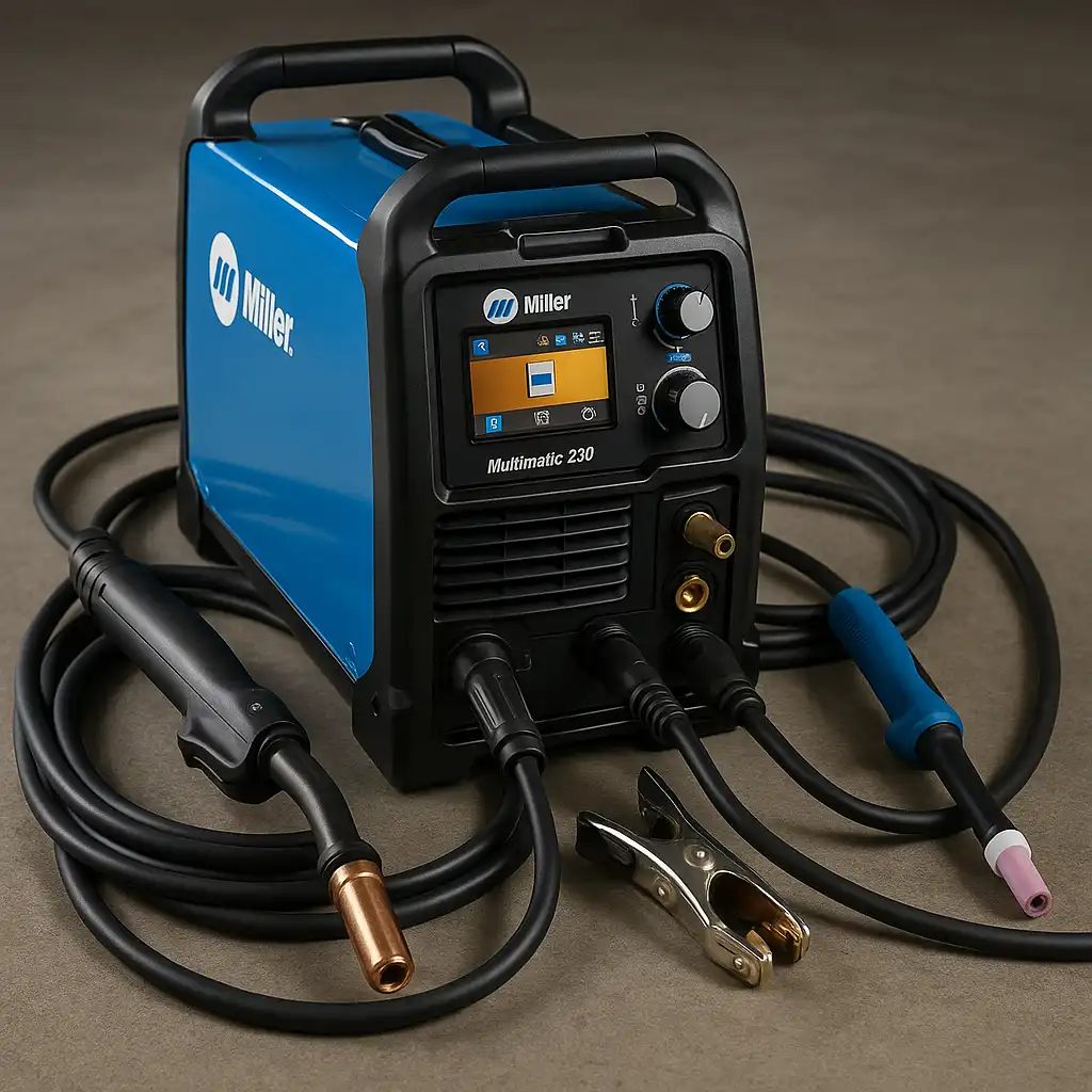 A Miller Multimatic 220 AC/DC multiprocess welder positioned in a professional workshop setting, with MIG and TIG components arranged neatly around it on a steel workbench.