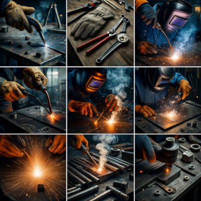 A collage of nine high-resolution digital photographs showing various welding techniques and tools, including close-ups of MIG, TIG, and stick welding processes in action, with sparks flying in a well-equipped workshop setting.
