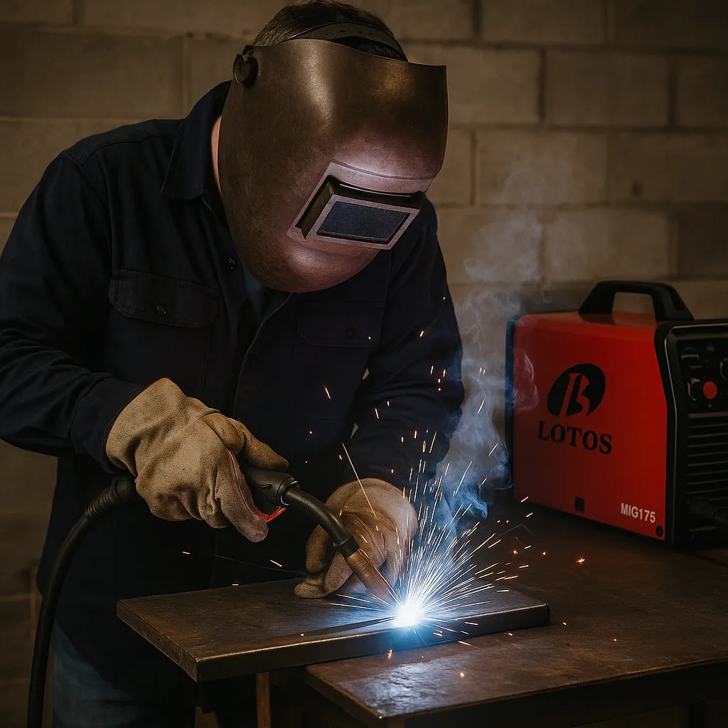 A welder wearing a leather helmet and gloves uses a MIG torch on a steel workpiece, with a red Lotos MIG175 machine beside him and sparks flying in a workshop.