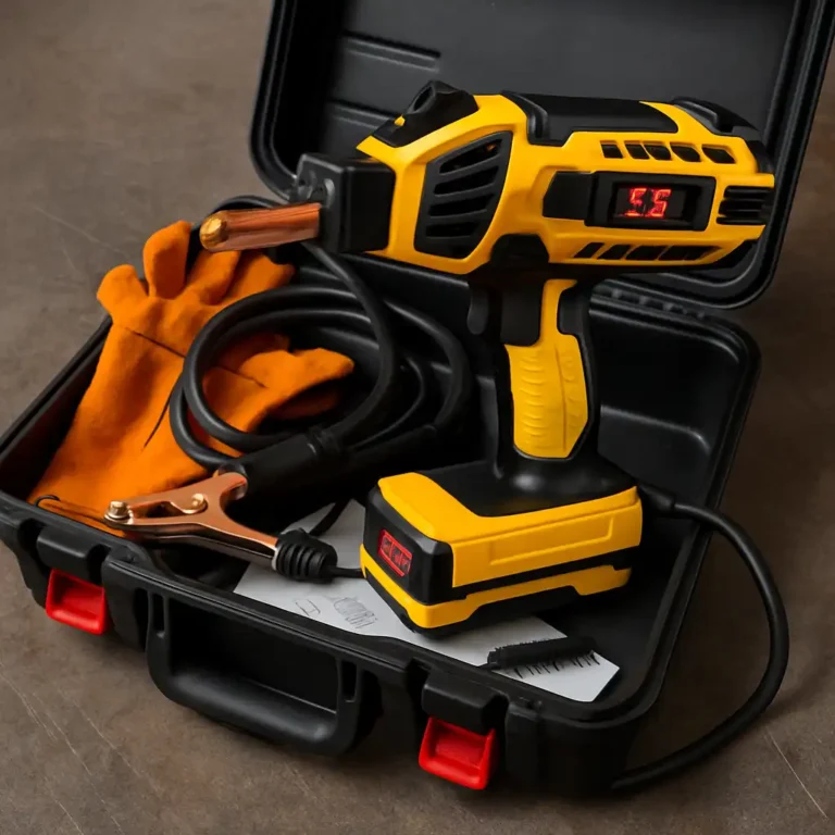 A photograph features a portable handheld welding machine stored in a hard black case, with orange safety gloves, electrode cables, and accessories neatly arranged on a workshop surface.