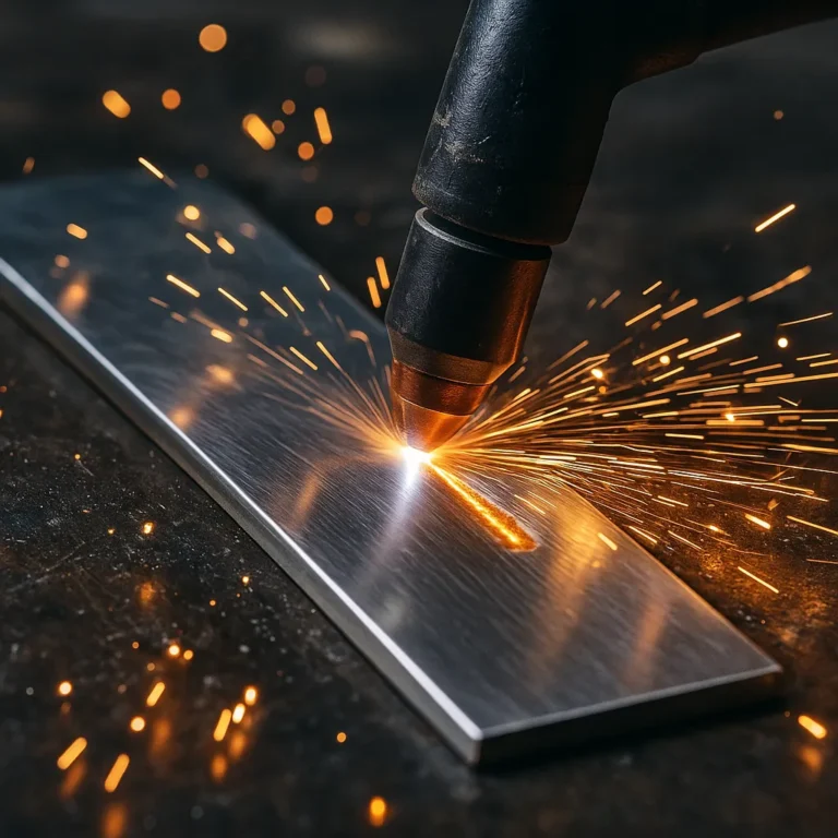 A photograph captures a close-up action shot of a plasma cutter slicing through a stainless steel plate, with bright sparks flying across a dark metal surface.