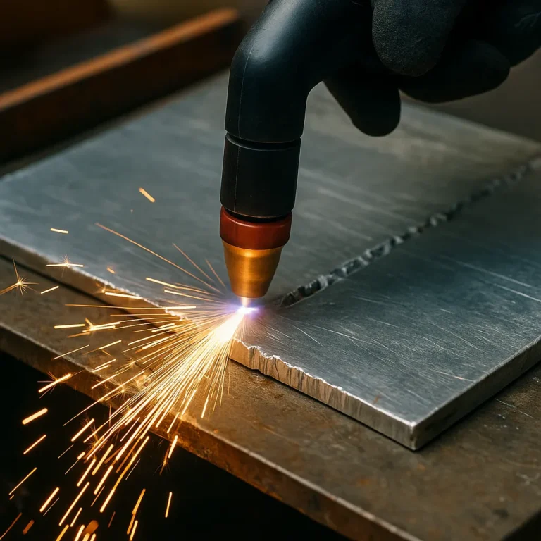 A close-up of a plasma cutter slicing through a thick aluminum sheet, with sparks flying and a gloved hand guiding the torch in a workshop setting.