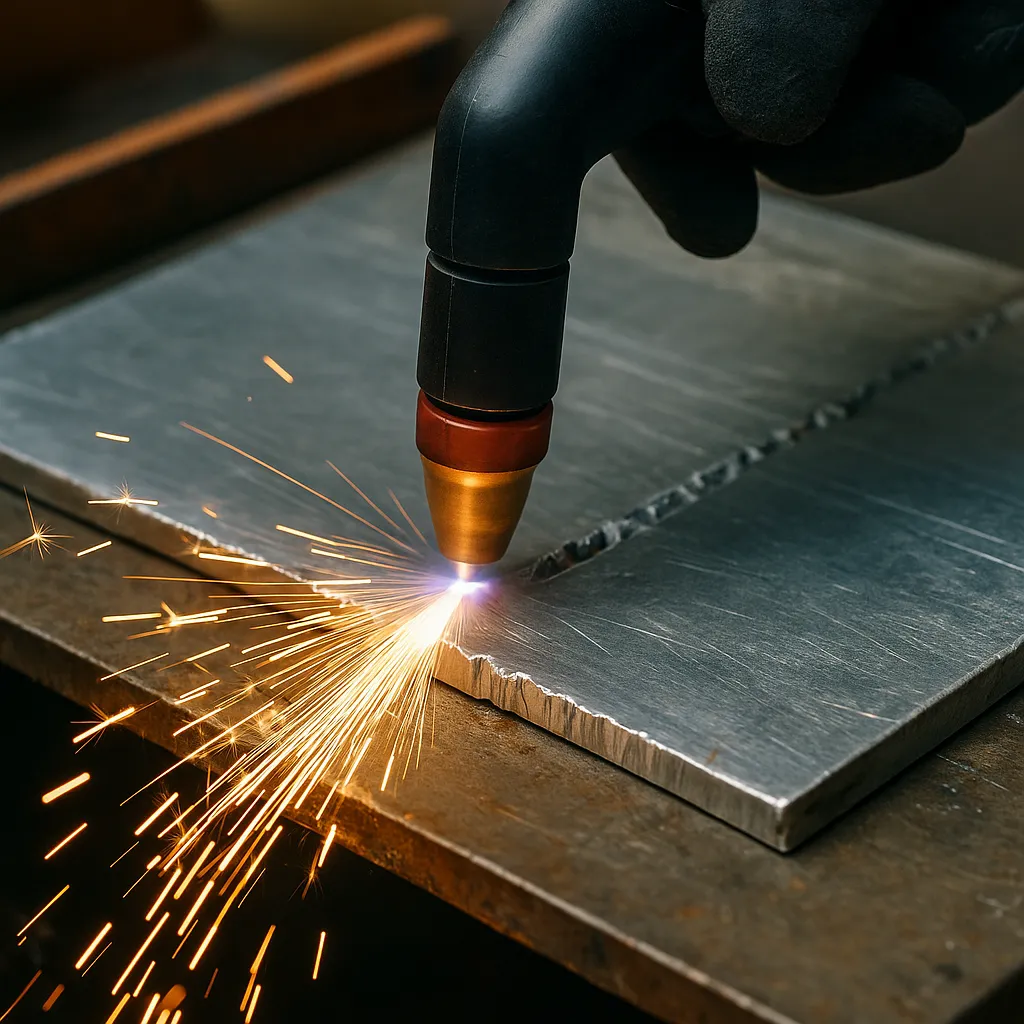 A close-up of a plasma cutter slicing through a thick aluminum sheet, with sparks flying and a gloved hand guiding the torch in a workshop setting.