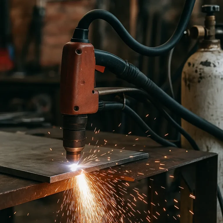 A photograph captures an industrial plasma cutter slicing through a steel sheet, with bright sparks and focused arc light in a dimly lit workshop.