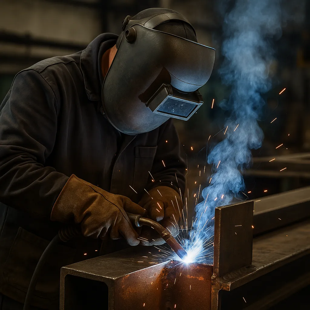 a welder joins two steel plates with a bright arc, producing sparks in a dimly lit workshop, showing intense heat and focused precision