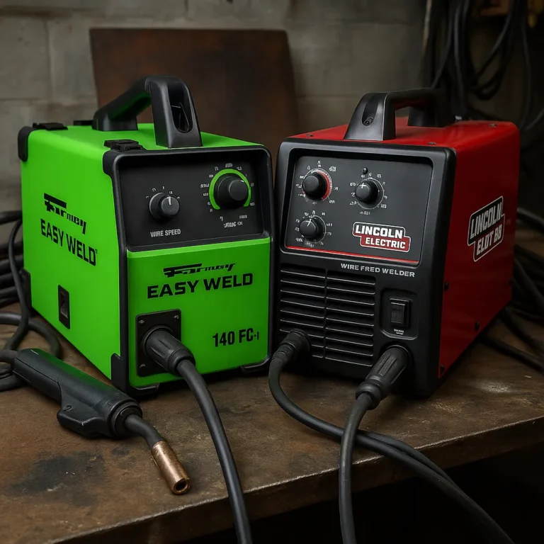 A photograph presents two MIG welders, one Forney Easy Weld 140 FC-i in green and the other a red Lincoln Electric Wire-Feed Welder, side by side on a metal workbench in a garage shop setting.