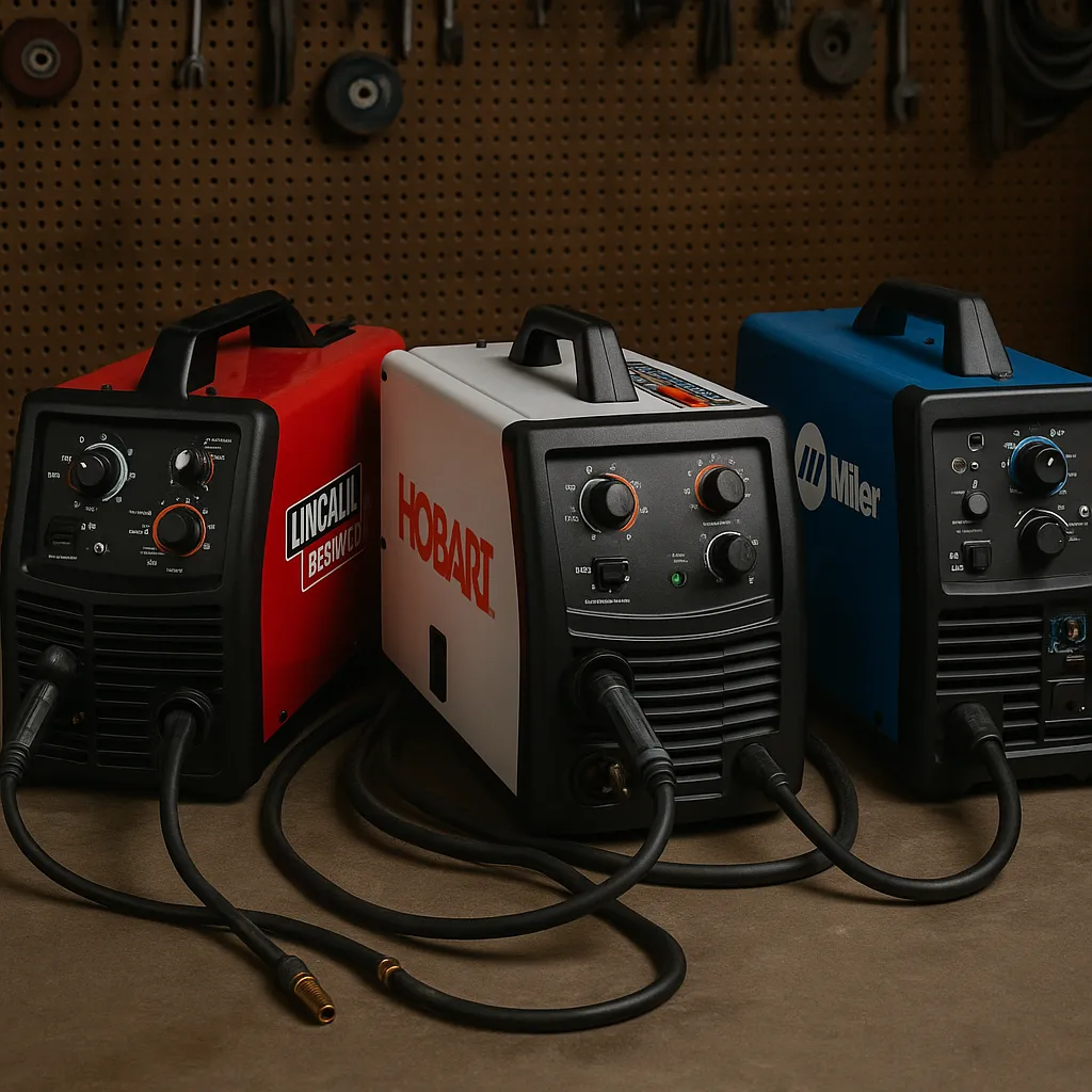 A photograph taken in a workshop displays three MIG welders—Hobart, Miller, and Lincoln—lined up on a workbench, surrounded by welding tools and cables.