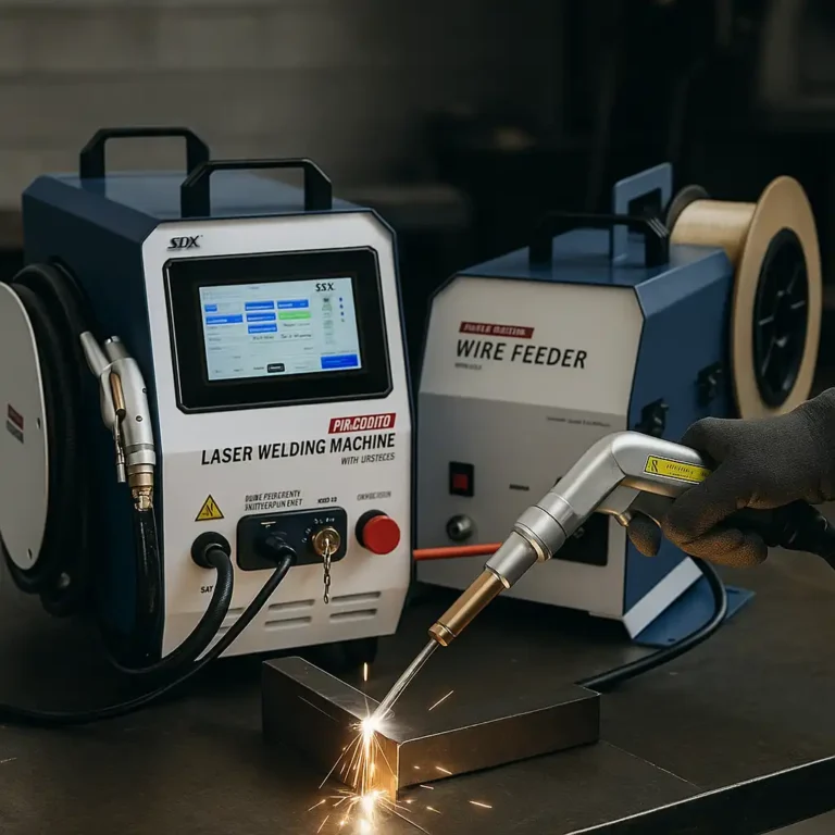 A photograph captures a close-up of a laser welding machine fusing metal, with sparks flying and a handheld laser gun in use beside a wire feeder.