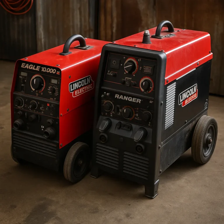 A high-resolution photo of two Lincoln Electric engine-driven welders—the Eagle 10,000 Plus and the Ranger—side by side on a concrete floor in a shop setting.