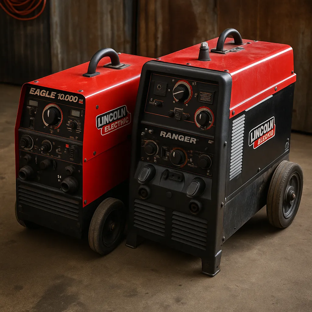 A high-resolution photo of two Lincoln Electric engine-driven welders—the Eagle 10,000 Plus and the Ranger—side by side on a concrete floor in a shop setting.