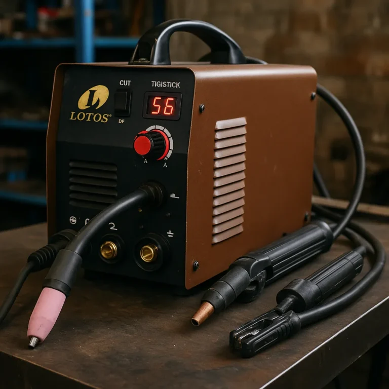 A LOTOS multi-function welding machine with attached TIG and stick leads sits on a steel workbench in a garage workshop.