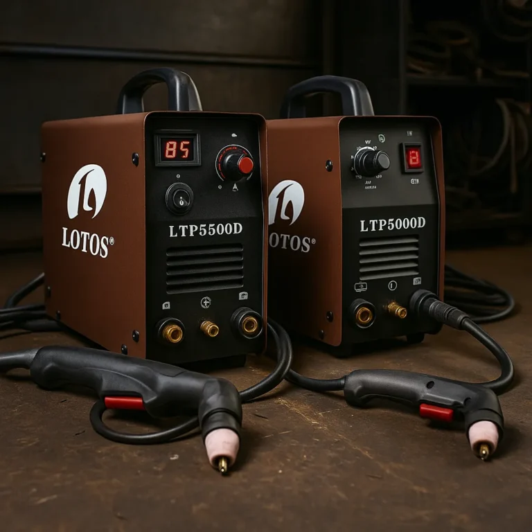 Two Lotos plasma cutters, LTP5500D and LTP5000D, side by side on a workshop floor with coiled cables and cutting torches in front.