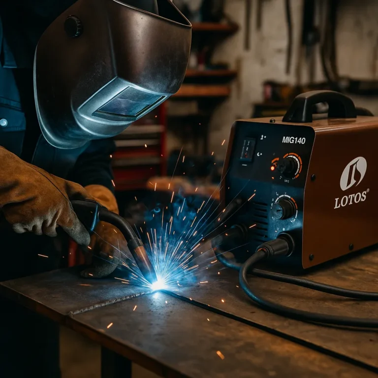 A welder using the LOTOS MIG140 machine with visible sparks flying in a workshop setting, showcasing MIG welding in progress.