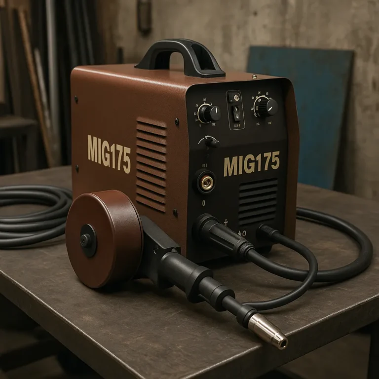 A MIG175 welding machine with a brown casing and attached spool gun resting on a metal workbench in a dimly lit workshop.
