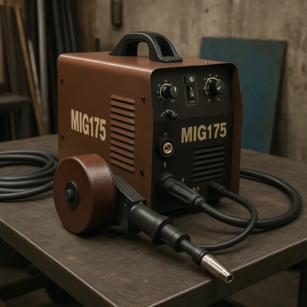 A MIG175 welding machine with a brown casing and attached spool gun resting on a metal workbench in a dimly lit workshop.