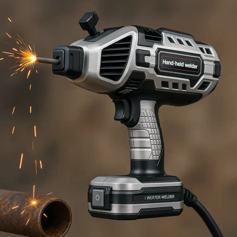 A close-up of a silver and black handheld inverter welder actively welding a rusted pipe, with bright sparks flying against a soft neutral background.