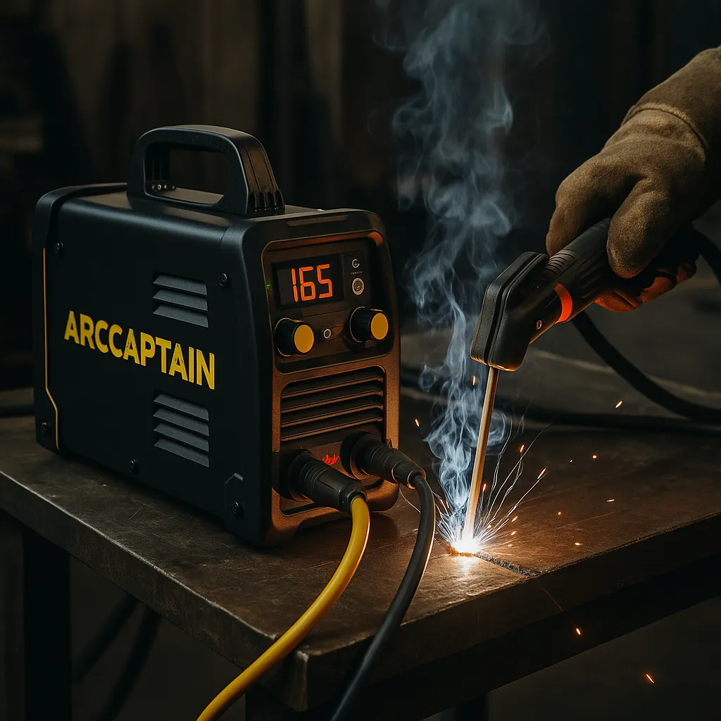 A portable stick welding machine by Arccaptain in action, producing sparks on a metal workbench in a dim workshop.