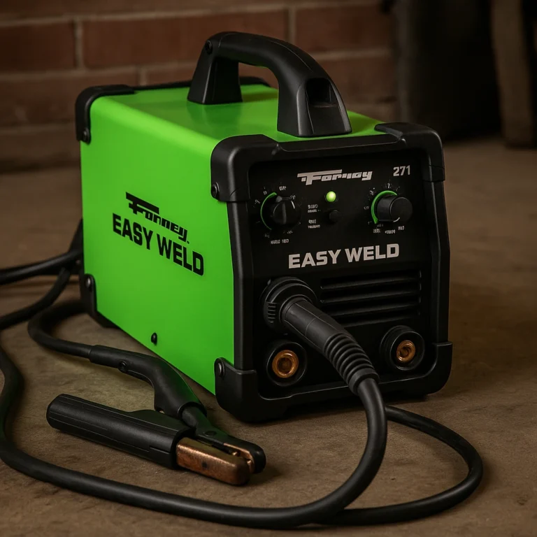 A Forney Easy Weld 271 multi-process welder placed on a concrete workshop floor, showing its green casing, black front panel, and attached welding cables, with a brick wall in the background.