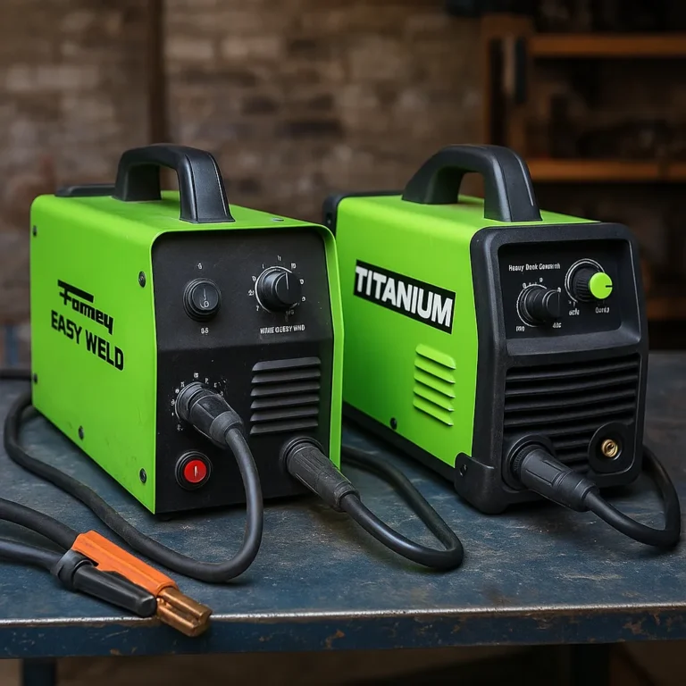 A photograph displays three flux core welders for beginners—Forney Easy Weld 140 FC-i, Titanium Easy-Flux 125, and Lincoln FC90—lined up on a wooden workbench in a home garage setting.