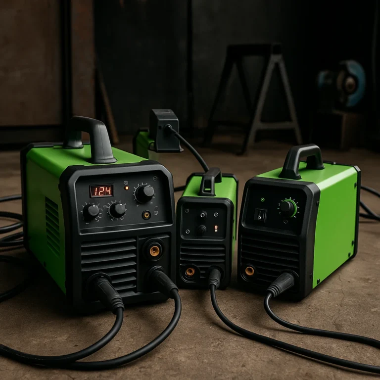 Three green Forney welding machines displayed on a workshop floor, showing control panels and cables in a realistic industrial setting.