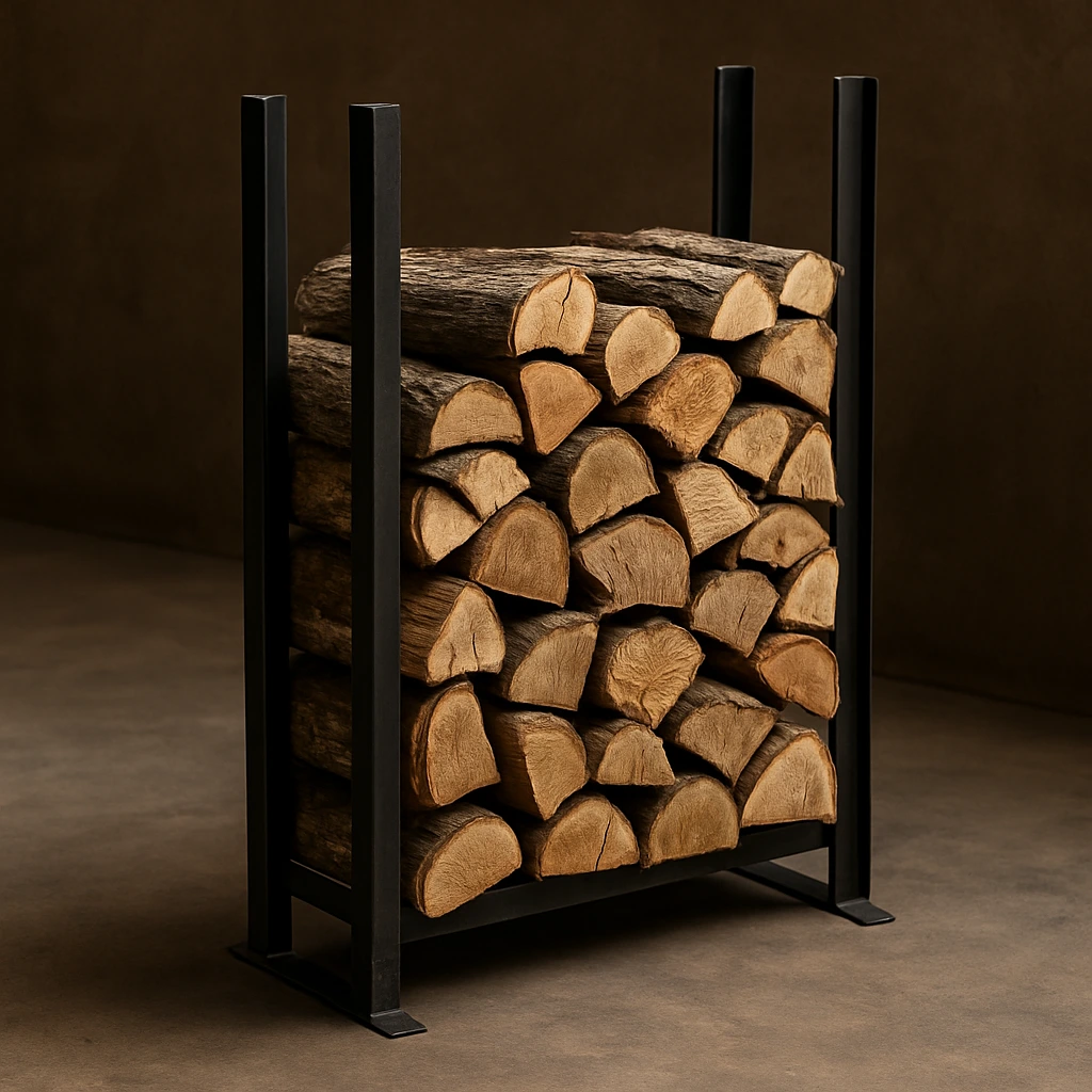 A firewood rack constructed from angle iron and square tubing, placed in a workshop setting.