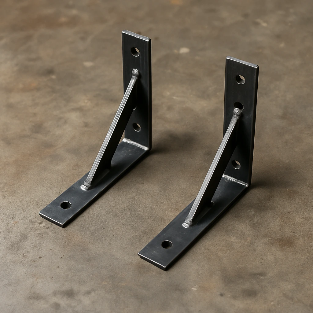 A pair of handmade angle iron shelf brackets on a wooden workbench, showcasing welded joints and rustic finish.