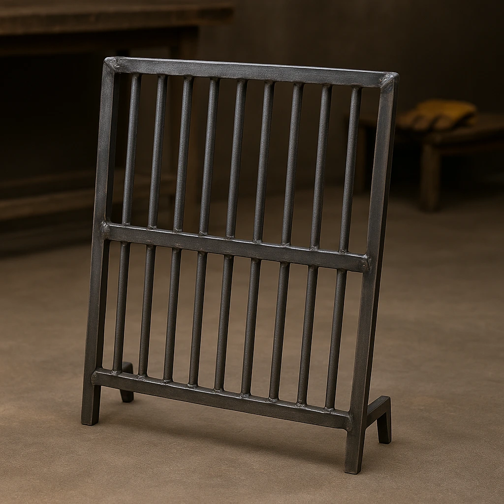 A rectangular steel BBQ grill grate with clean welds, standing on a workshop floor.
