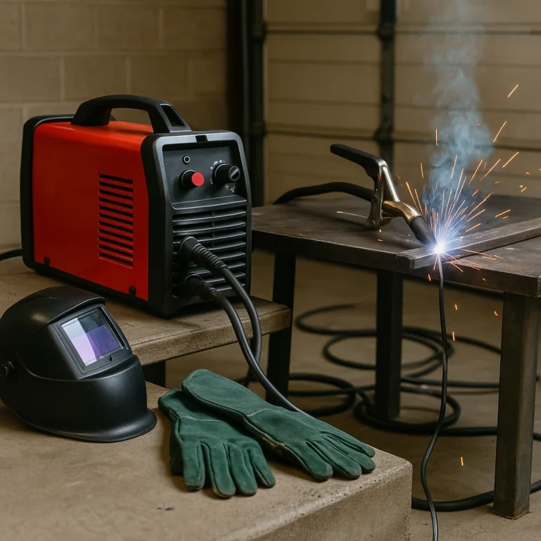 A compact MIG welder set up in a home garage, with gloves and a helmet beside it and a steel workpiece sparking on a sturdy metal table.