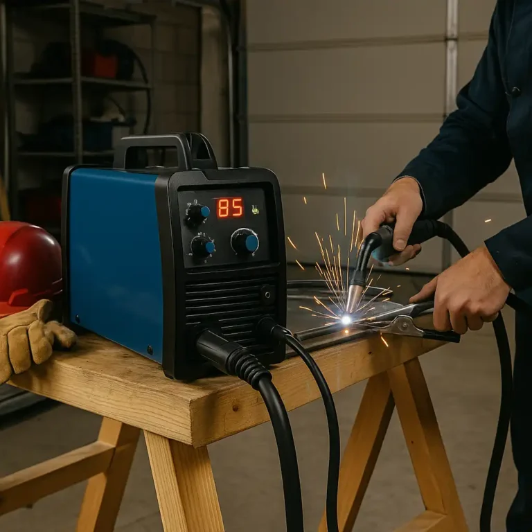 A portable MIG welder in a home garage setup, connected and producing sparks on a steel workpiece, with gloves and helmet nearby.
